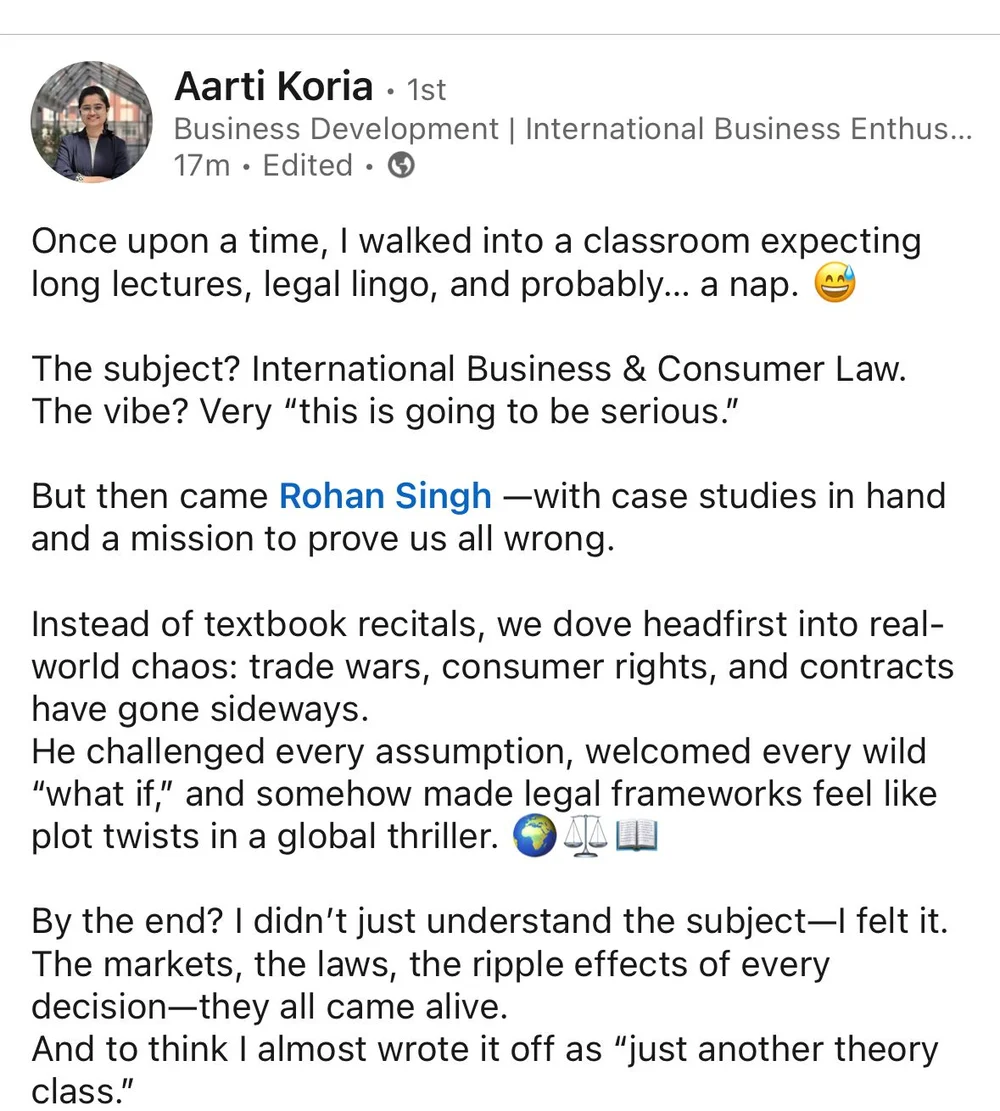 LinkedIn post by Aarti Koria about Rohan Singh's course