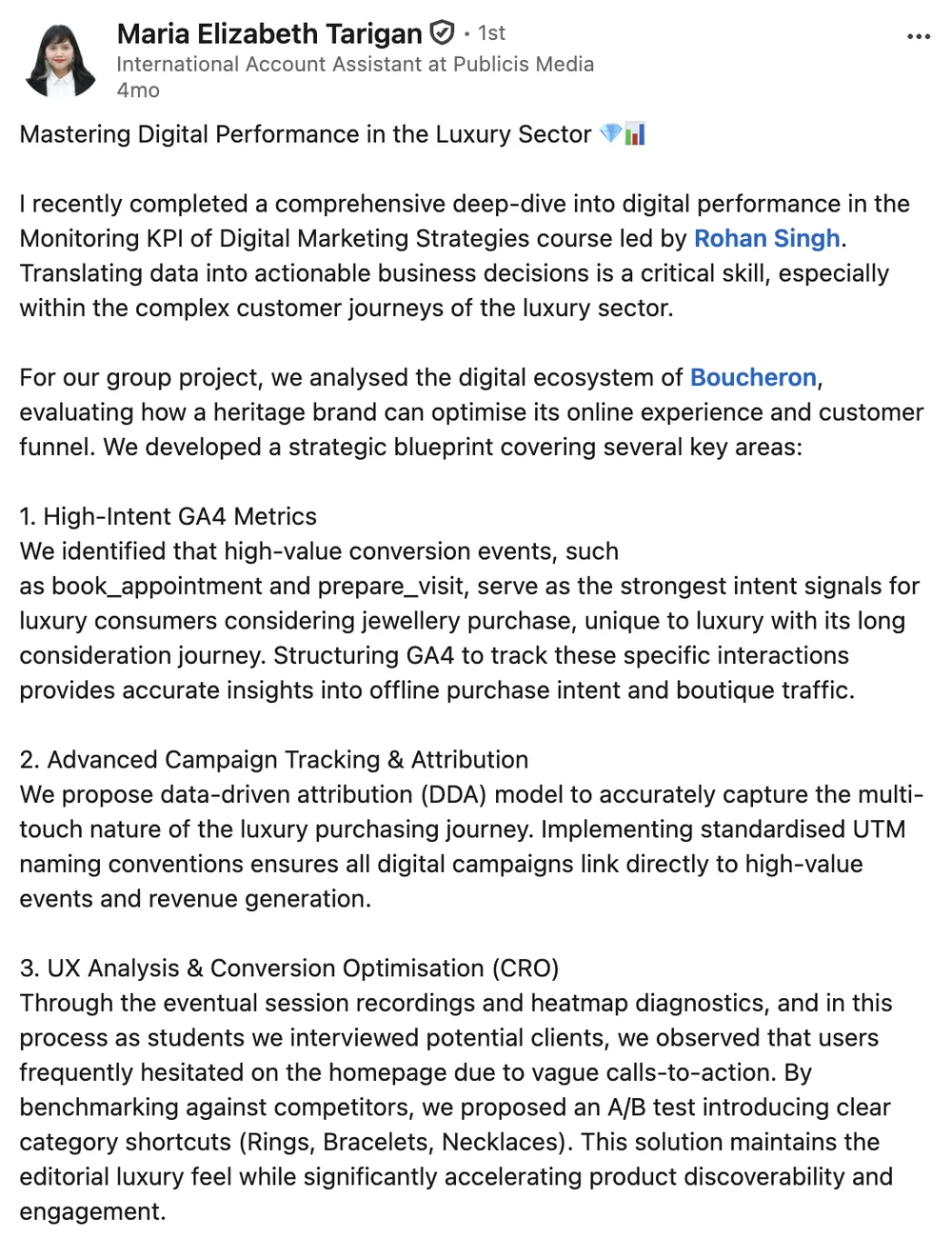 LinkedIn post by Maria Elizabeth Tarigan about Rohan Singh's course