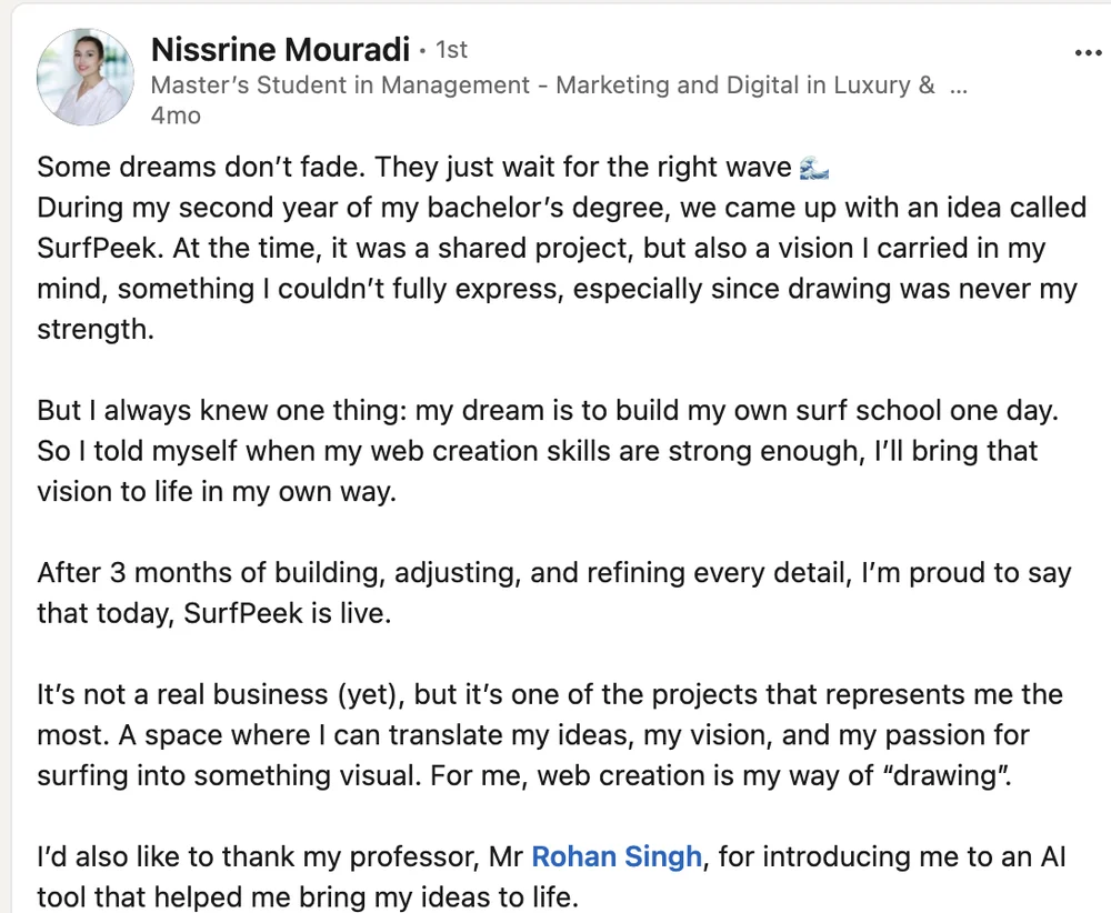 LinkedIn post by Nissrine Mouradi about Rohan Singh's course
